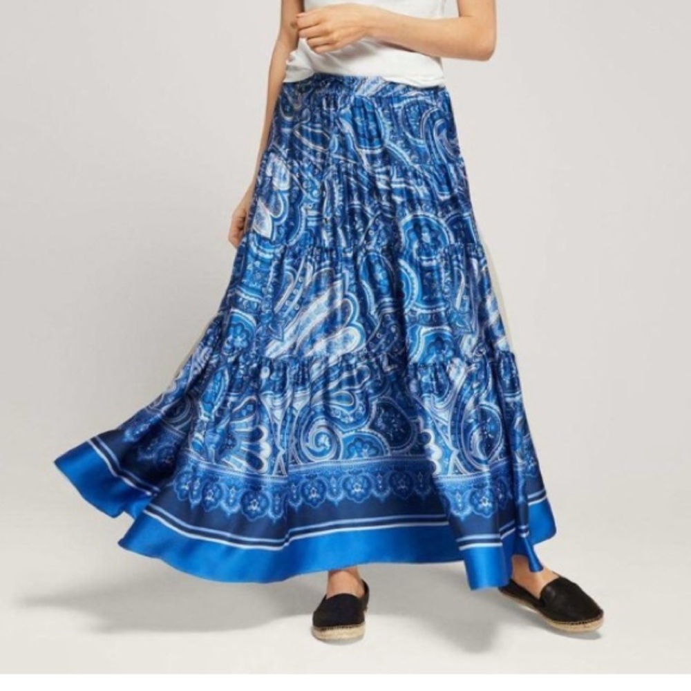 Lauren Ralph Lauren Blue Paisley Tiered Ruffle Maxi Skirt NWT